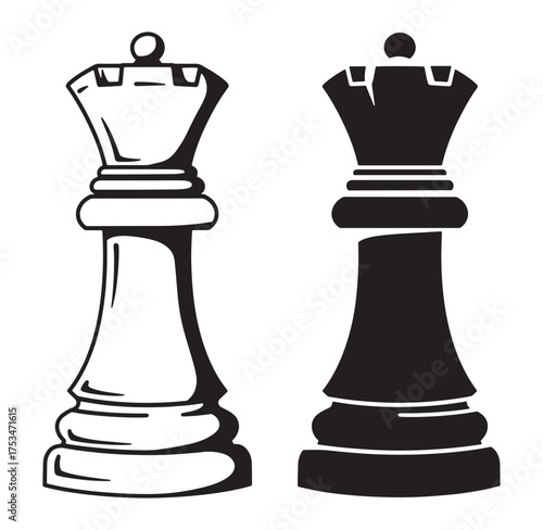 Elegant black and white illustration of two chess queen pieces isolated on white background