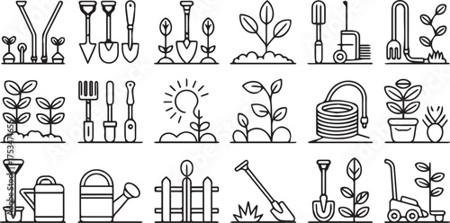 Vector art of outline drawing of gardening tools and plants