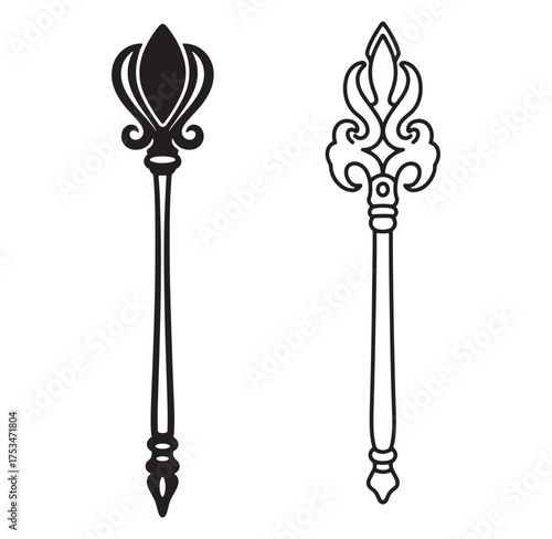 Elegant illustration of two detailed royal scepters in black and white design