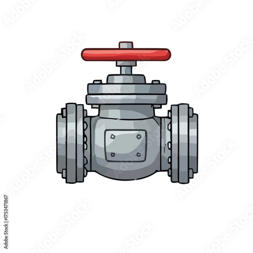 Illustration of a metal valve with a red handle, used for controlling fluid flow in pipes