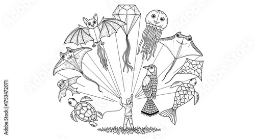 Black and White Illustration of a Person Flying Kites Shaped Like Animals: Bat, Jellyfish, Bird, Turtle, Manta Ray, and Classic Diamond Design.