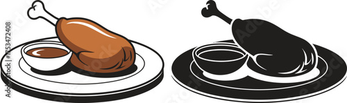 Roasted chicken leg and gravy on a plate in color and silhouette