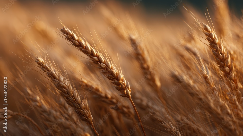 Fototapeta premium Close-up view of ripe golden wheat shining in the evening sunlight, capturing the calm charm of rural life.
