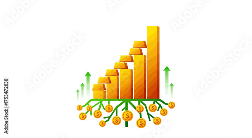 Financial growth depicted with a rising gold bar chart and a money tree producing golden coins, symbolizing successful investment and wealth