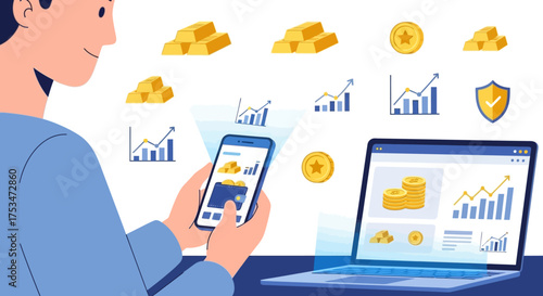 Man managing his digital gold investments and analyzing market data on a smartphone and laptop, illustrating a modern fintech concept