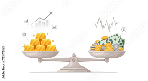 Golden Balance Comparing Gold and Money on Scales with Chart Background