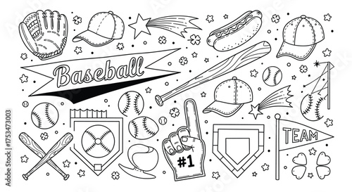 Baseball Doodles Vector Set: Bats, Glove, Caps, Balls, Home Plate, Pennants, and More - Perfect for Sports Coloring Pages and Design Projects