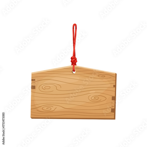 Wooden Japanese ema prayer plaque hanging with red string on white background