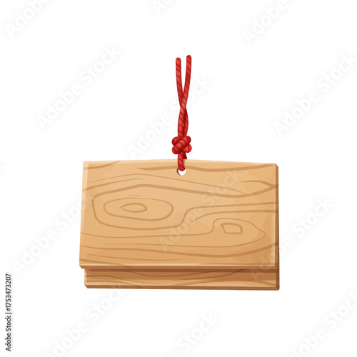 Wooden sign with red rope hanging, perfect for displaying information or decoration