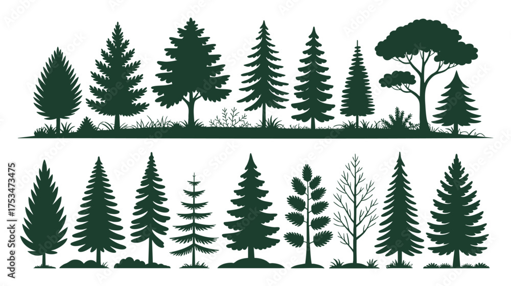 Obraz premium Collection of dark green pine and evergreen tree silhouettes