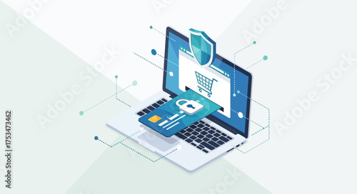 Secure Online Shopping Illustration with Shield and Credit Card on Laptop