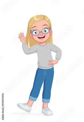 A cute little girl in glasses girl waving hand. Cartoon vector illustration.