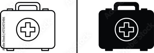 Emergency First Aid Kit : A minimalist depiction of a first aid kit, presented in both a bold black and white version, is a universal symbol of emergency preparedness and care,ready for any situation.