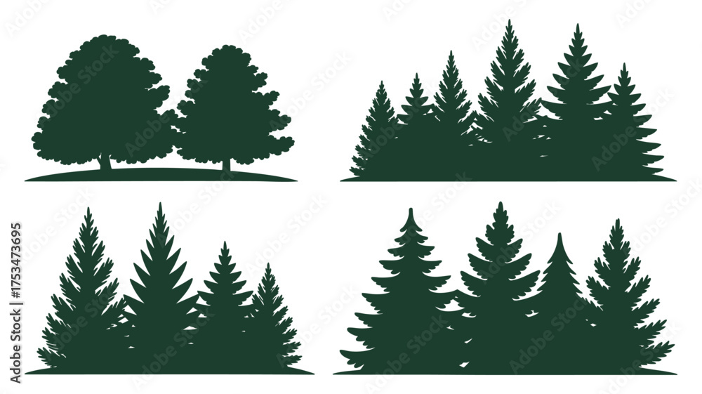 Fototapeta premium Silhouettes of various evergreen trees in a forest setting