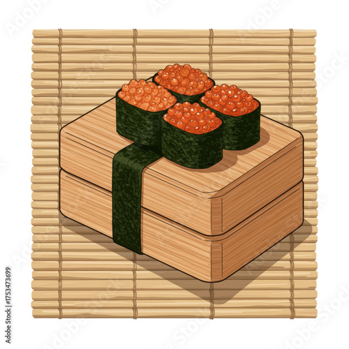 Delicious ikura gunkan maki sushi served on a wooden tray with bamboo mat, representing traditional Japanese cuisine and culinary arts