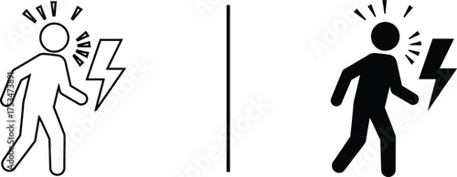 Lightning Strike Icon: Symbolic representation of a person struck by lightning, conveying themes of danger, risk, and sudden impact. The stark design emphasizes the element of electricity.