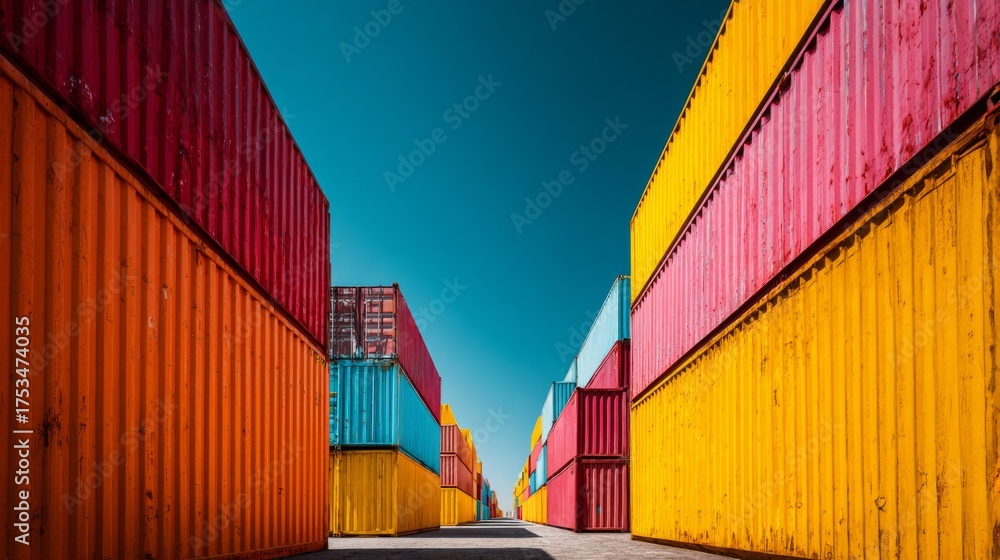 Fototapeta premium Colorful shipping containers stacked in industrial storage yard under clear blue sky
