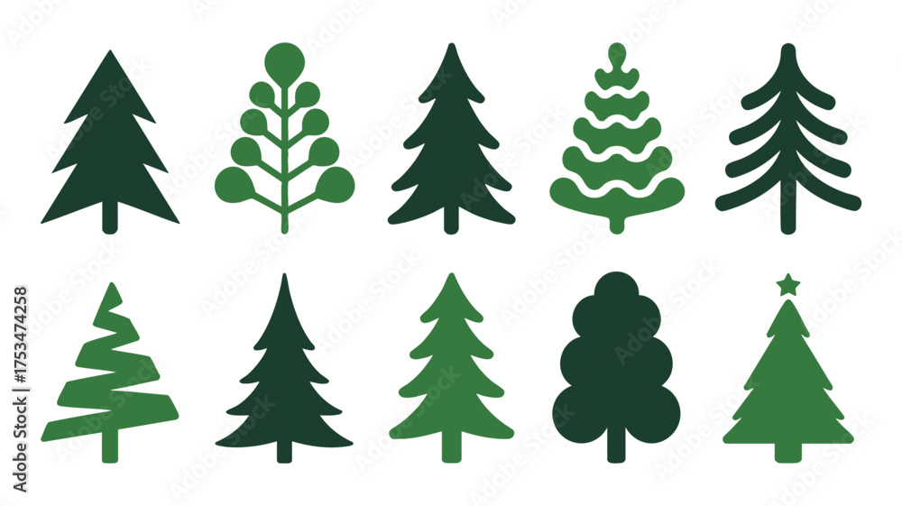 Fototapeta premium Collection of diverse green christmas tree illustrations