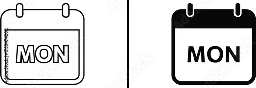 Calendar: A simple depiction of a calendar page, with Monday highlighted, captured in both outlined and filled in black and white, conveying a message of scheduling.