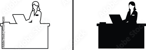 Receptionist at Desk: Minimalist outline and solid silhouette represent a professional, attentively working at a reception desk. Showcasing the essence of the workplace. 