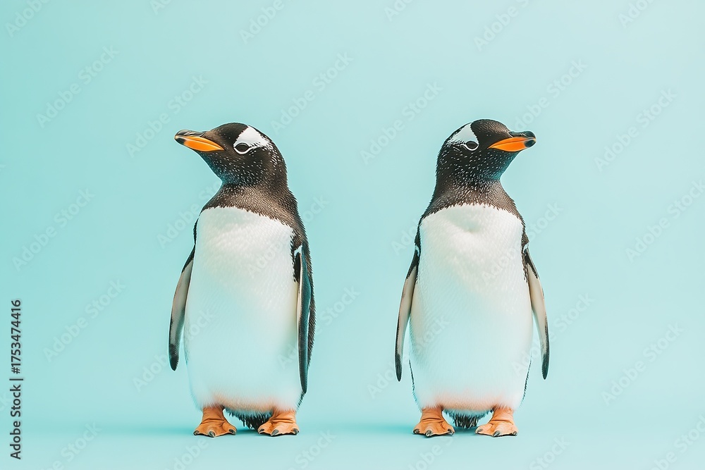 Fototapeta premium Two charming penguins positioned next to each other against light blue backdrop. Their vibrant orange beaks and distinct black and white feathers create fun and playful scene