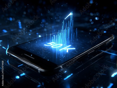 Smartphone showing growth chart with 50k income increase