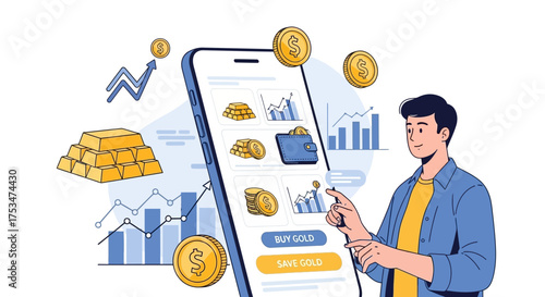 Online Gold Investment and Savings Illustration A man using a mobile app for financial growth