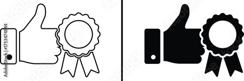 Achievement Badge Icon: This graphic showcases two versions of a thumbs-up icon with a badge, designed to symbolize accomplishment and approval, perfect for digital design needs.