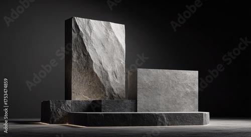 A minimalist, textured podium composition with rectangular rock formations