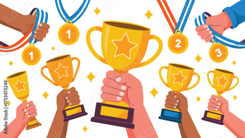 Vector art of hands holding gold trophies and medals representing first, second, and third place