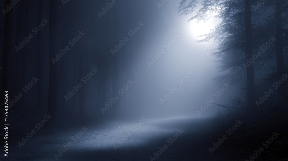 Fototapeta premium A foggy path disappearing into darkness, deep within a haunted forest under moonlight.