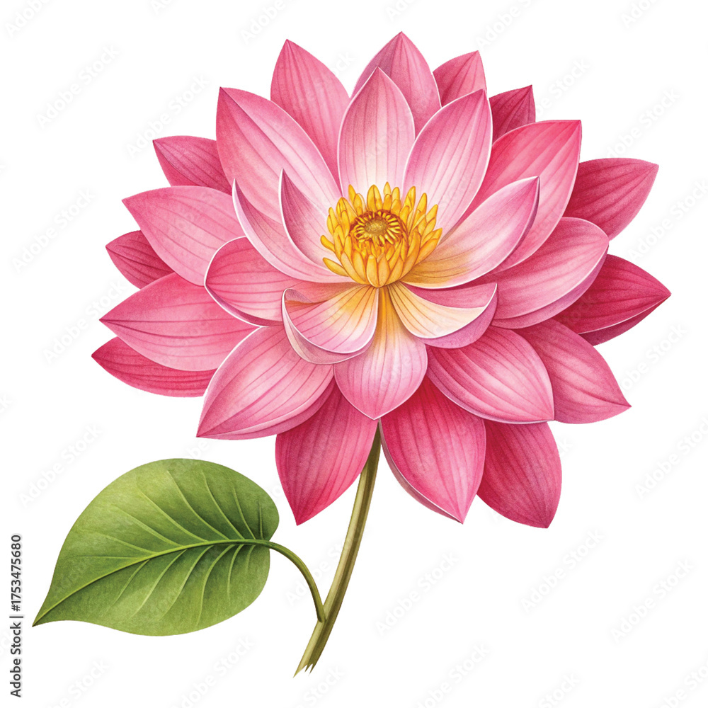 Obraz premium Vibrant Pink Lotus Flower Illustration – Realistic Botanical Artwork with Green Leaf on White Background