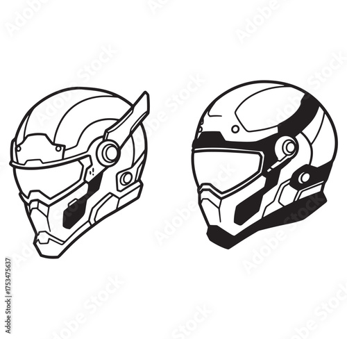 Two futuristic helmet designs in outline style perfect for sci-fi and technological concepts
