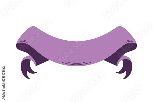 Curved Halloween purple ribbon banner with curled tail. Blank retro scroll for text. Perfect for logo, invite, packaging, header, vintage decor. Vector illustration isolated on white background.