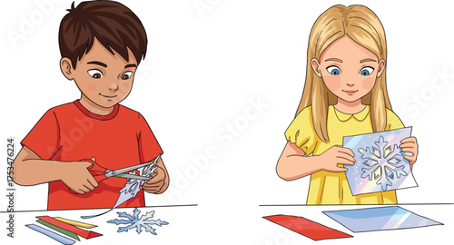 Children crafting, paper snowflake, creative activity, scissors, colored paper, fine motor skills, art class, DIY project, preschool craft, learning fun