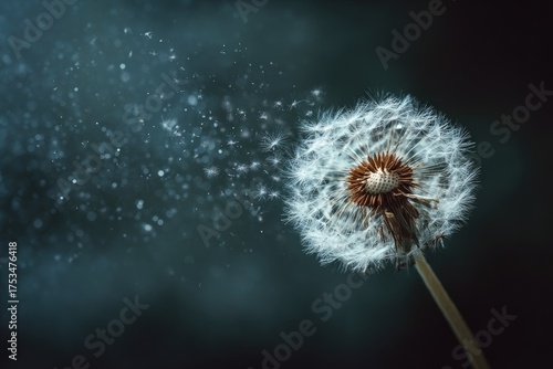 Wallpaper Mural A close-up image of a dandelion with seeds blowing away against a blurred, dark background Torontodigital.ca