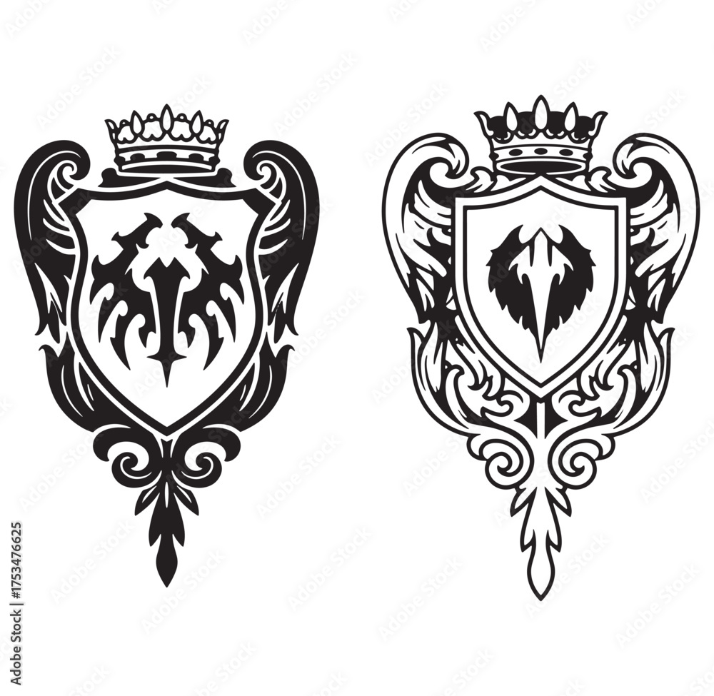 Fototapeta premium Vector illustration of two heraldic crests featuring crowns and ornate decorative elements.