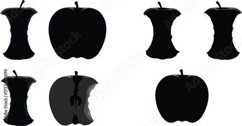 Apple silhouette, eaten apple stages, apple core icon, bite apple graphic, fruit consumption vector, black apple design, minimal apple silhouette