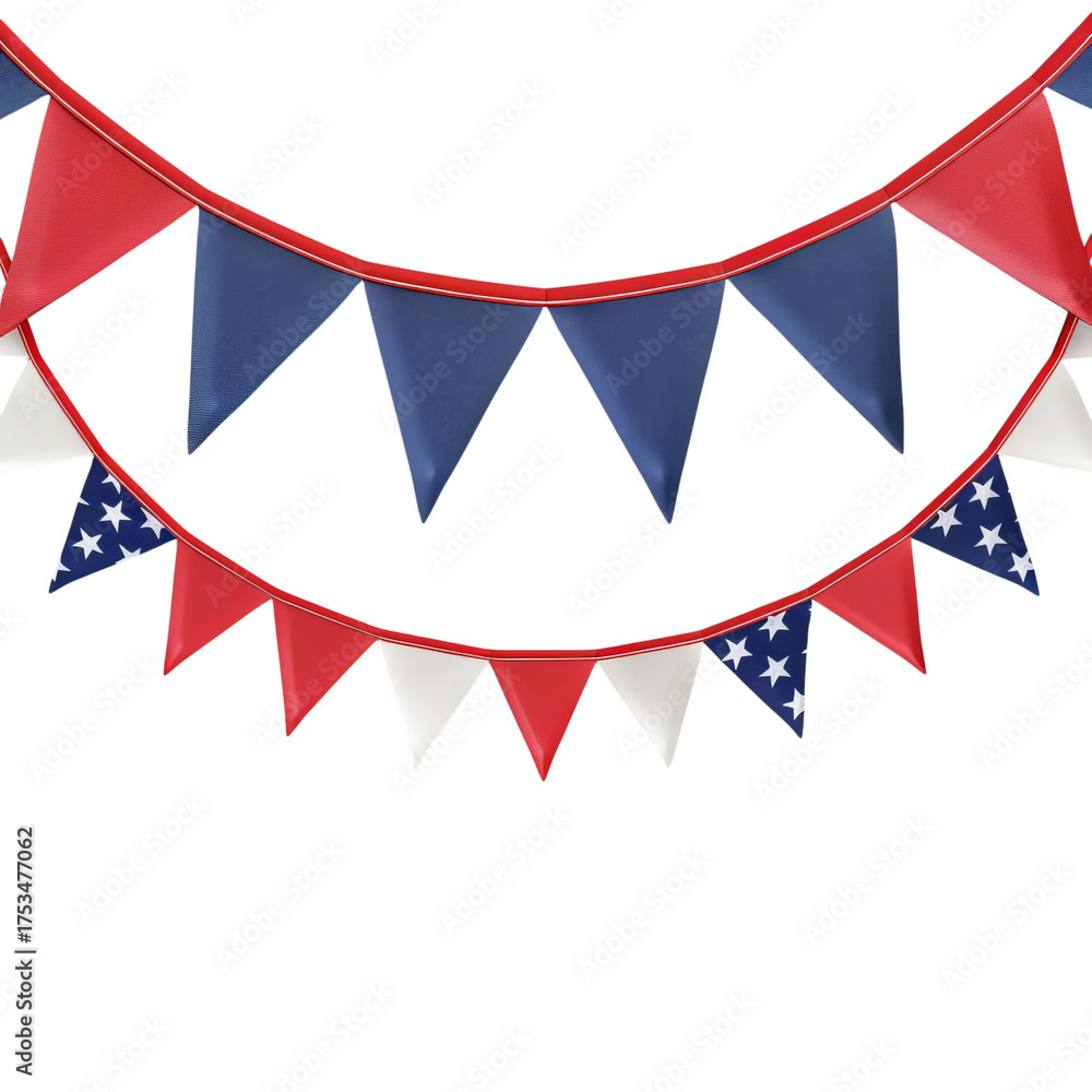 Obraz premium Colorful festive bunting featuring red, white, and blue triangles for a patriotic celebration.