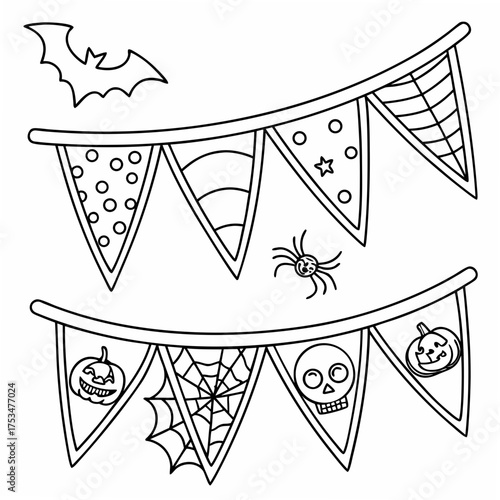 Halloween coloring page Vector illustration of Halloween elements of pumpkins, skull, bat, eye and spider lining up as a bunting for the decoration of trick or treat night party 