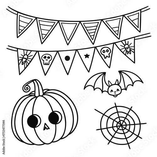 Halloween coloring page Vector illustration of Halloween elements of pumpkins, skull, bat, eye and spider lining up as a bunting for the decoration of trick or treat night party 