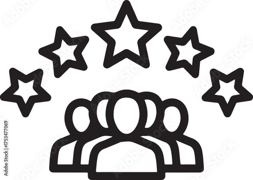 Vector art of a black and white icon showcases a group of people beneath five stars, symbolizing teamwork, excellence, high ratings, and customer satisfaction on