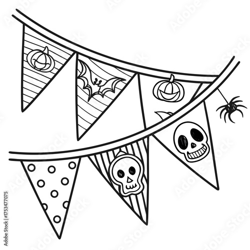 Halloween coloring page Vector illustration of Halloween elements of pumpkins, skull, bat, eye and spider lining up as a bunting for the decoration of trick or treat night party 