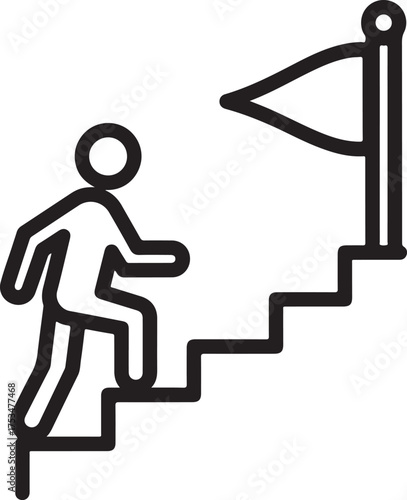 Vector art of a person is climbing stairs to reach a flag, this simple line art illustration represents achieving goals, overcoming challenges, and pursuing success with determination on