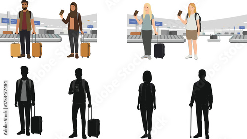 Airport travelers, baggage claim, passport check, luggage silhouette, colored character, travel scene, matching exercise, terminal, tourism, international flight