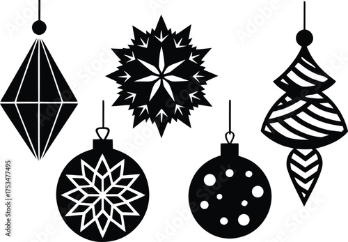 Christmas ornament set, shining light starlight shine snow flake snowflake Cristal diamond luxury dangling December winter merry Xmas silhouette vector illustration