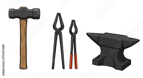 Blacksmith Tools Hammer, Tongs, and Anvil - A Classic Set for Metalworking