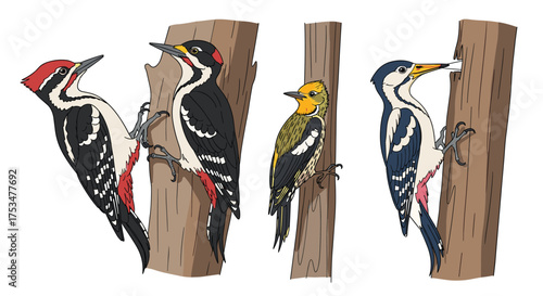 A diverse group of woodpeckers actively foraging on tree trunks in a natural setting.