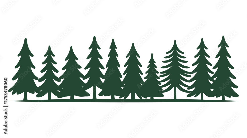 Fototapeta premium Silhouette of a forest of evergreen trees against a white background