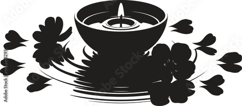 Silhouette of a burning candle surrounded by abstract floral elements and brush strokes